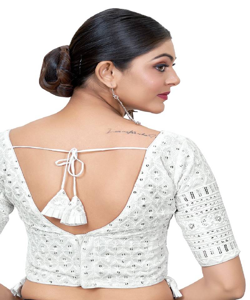 White  Embroidered Georgette Sequinced  Saree Blouse