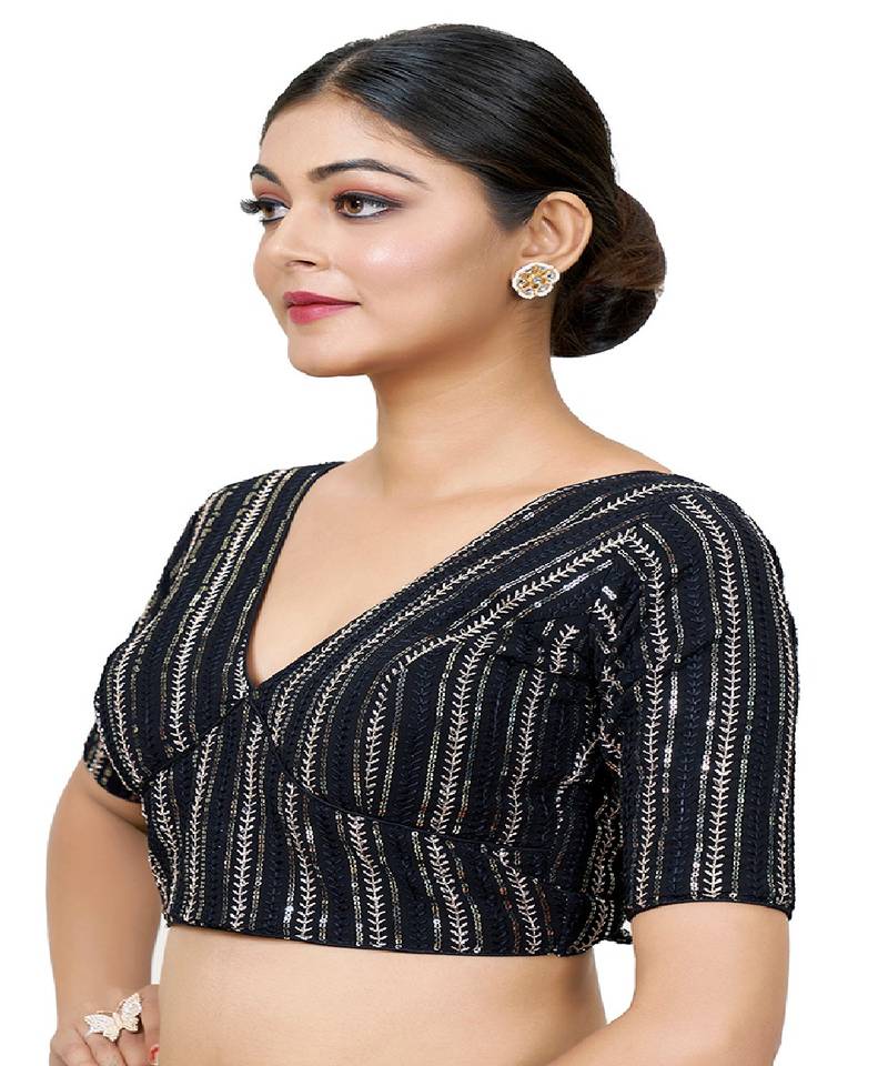 Black  Embroidered Georgette Sequinced  Saree Blouse