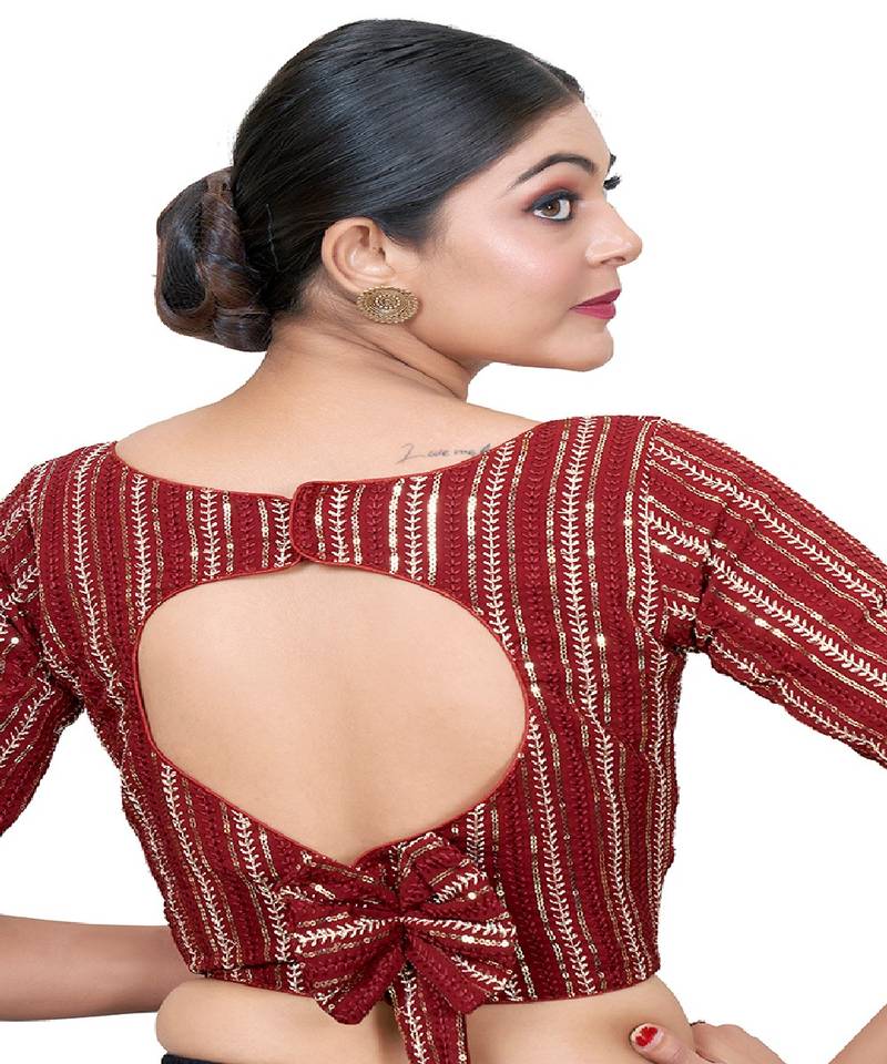 Maroon  Embroidered Georgette Sequinced  Saree Blouse