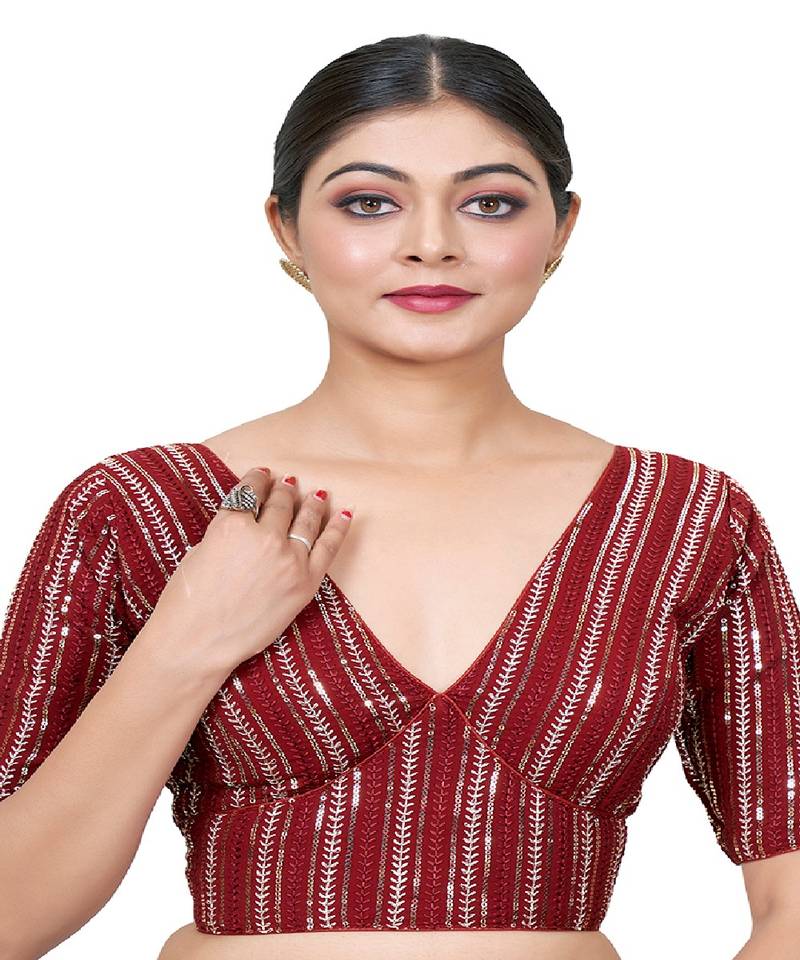 Maroon  Embroidered Georgette Sequinced  Saree Blouse