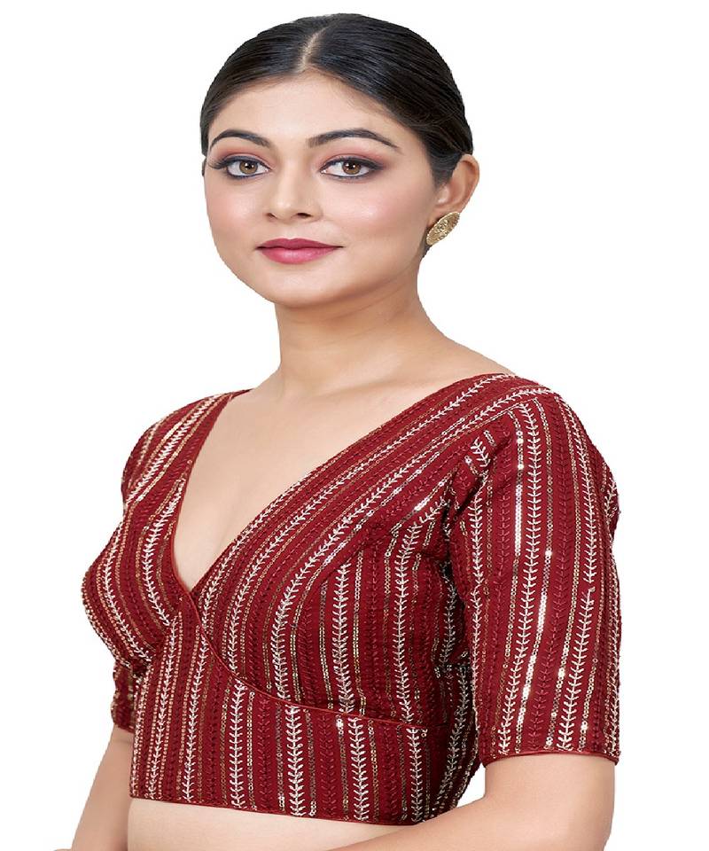 Maroon  Embroidered Georgette Sequinced  Saree Blouse