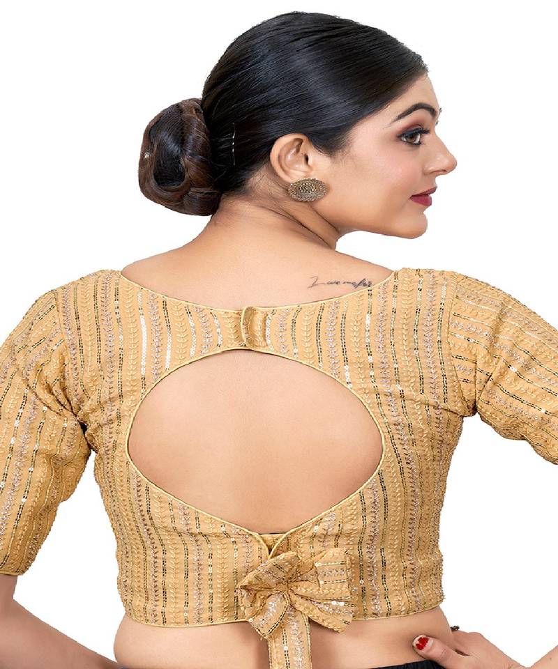 Beige  Embroidered Georgette Sequinced  Saree Blouse