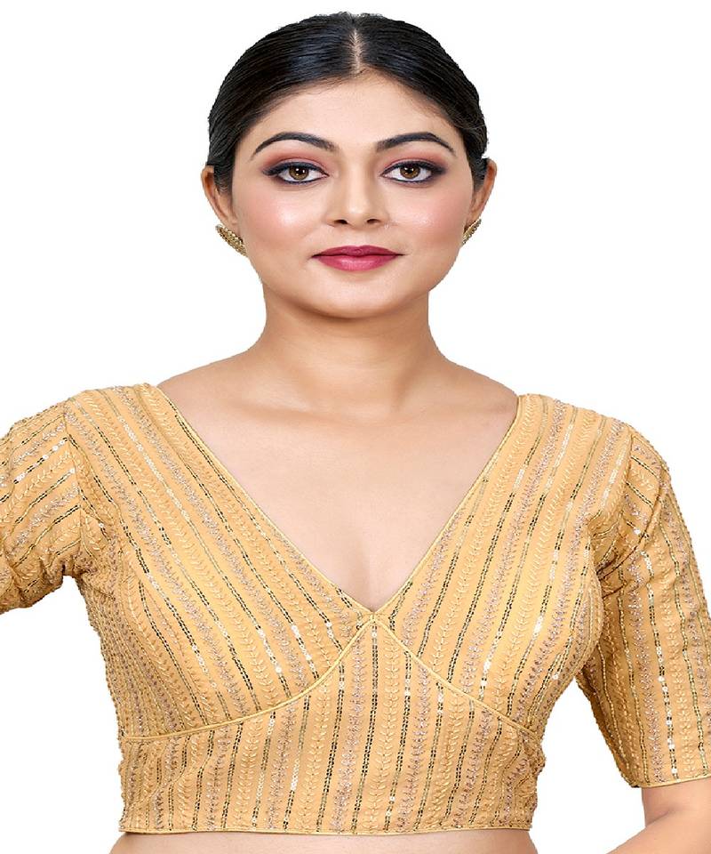 Beige  Embroidered Georgette Sequinced  Saree Blouse