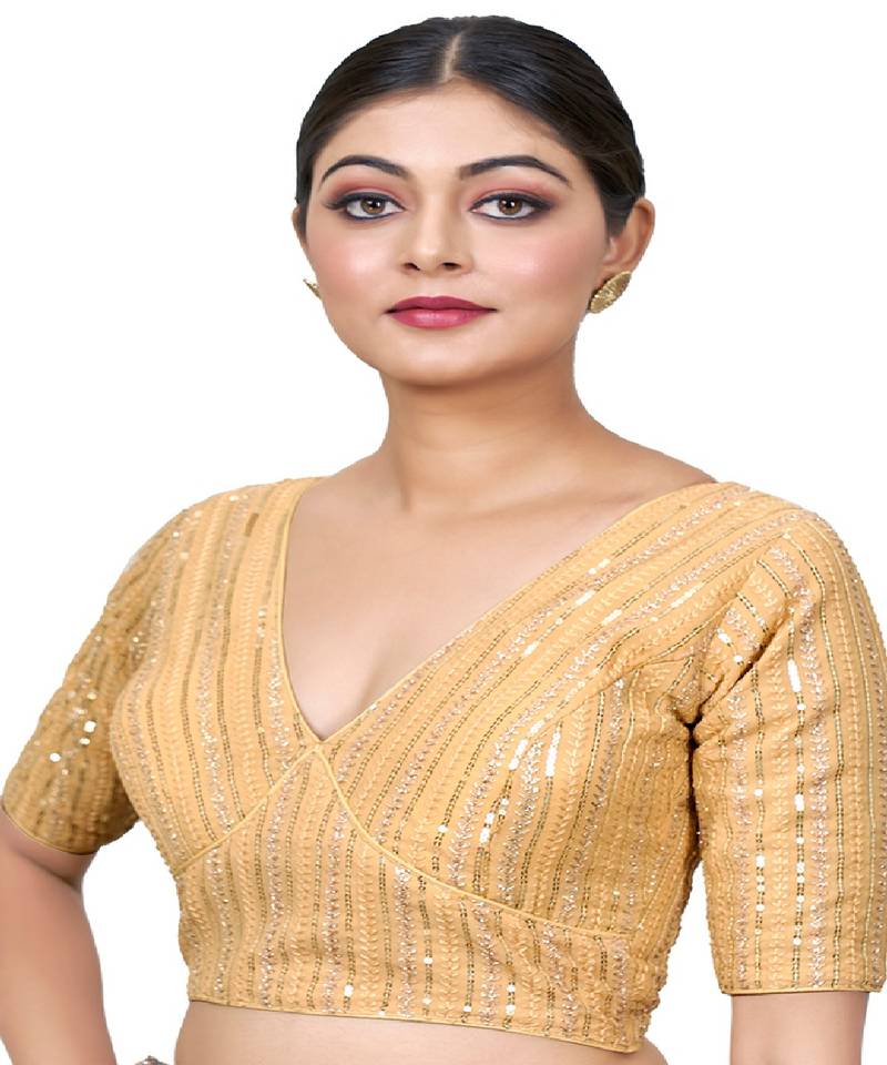 Beige  Embroidered Georgette Sequinced  Saree Blouse