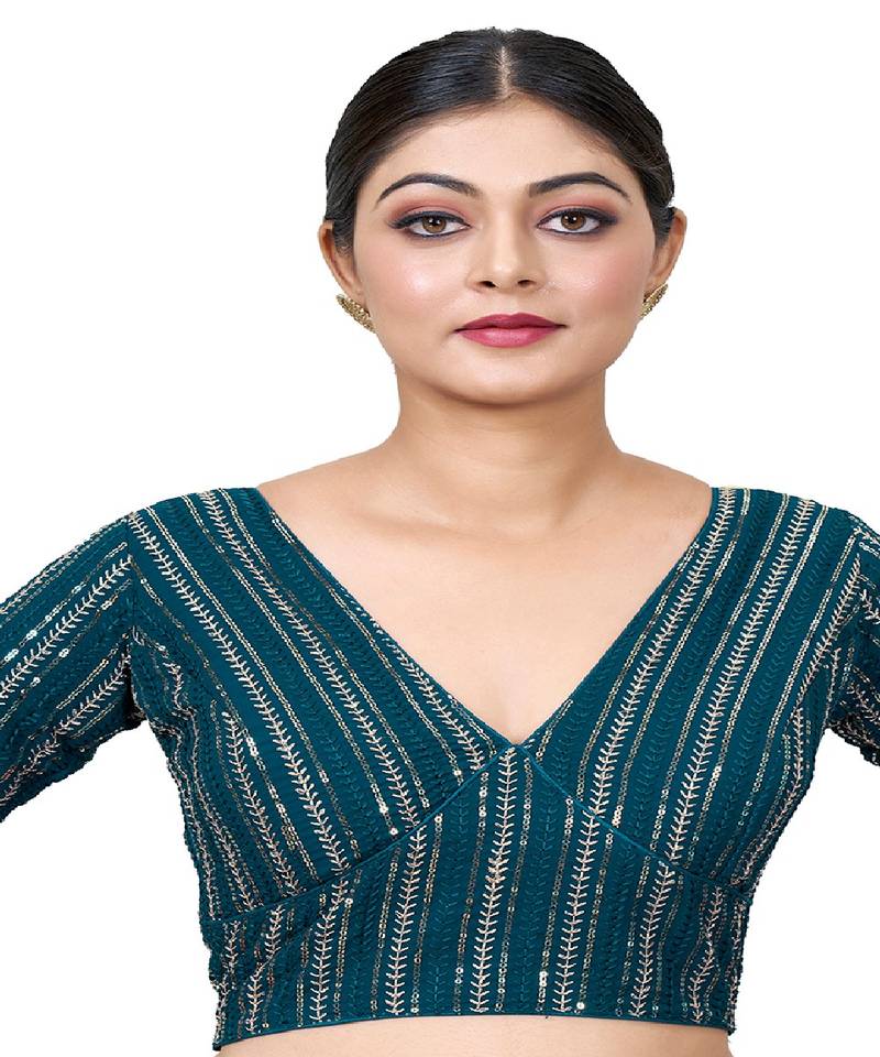 Teal Blue Embroidered Georgette Sequinced  Saree Blouse