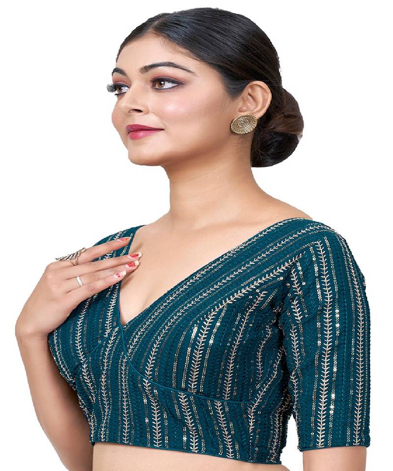 Teal Blue Embroidered Georgette Sequinced  Saree Blouse