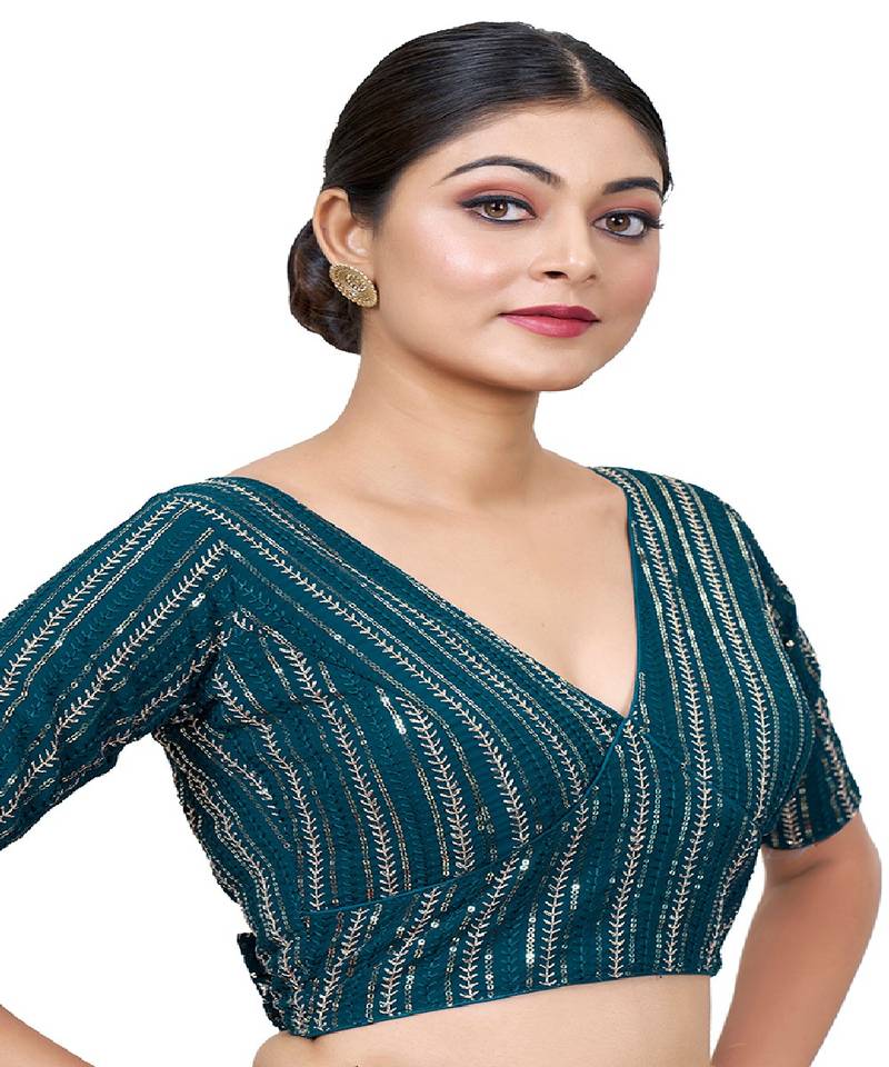 Teal Blue Embroidered Georgette Sequinced  Saree Blouse