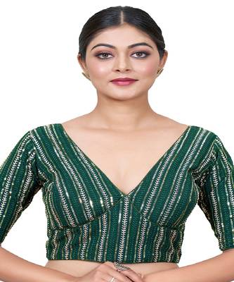 Green Embroidered Georgette Sequinced  Saree Blouse 3