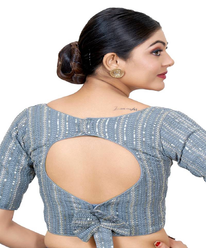 Grey Embroidered Georgette Sequinced  Saree Blouse