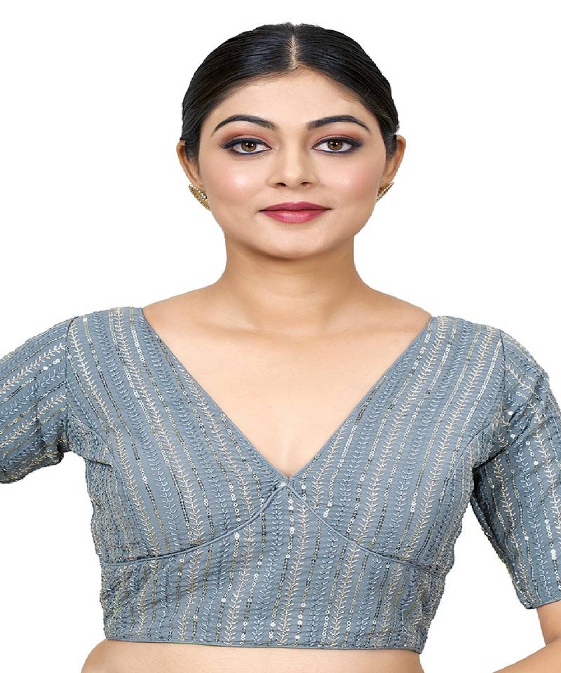 Grey Embroidered Georgette Sequinced  Saree Blouse
