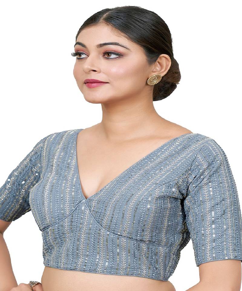 Grey Embroidered Georgette Sequinced  Saree Blouse