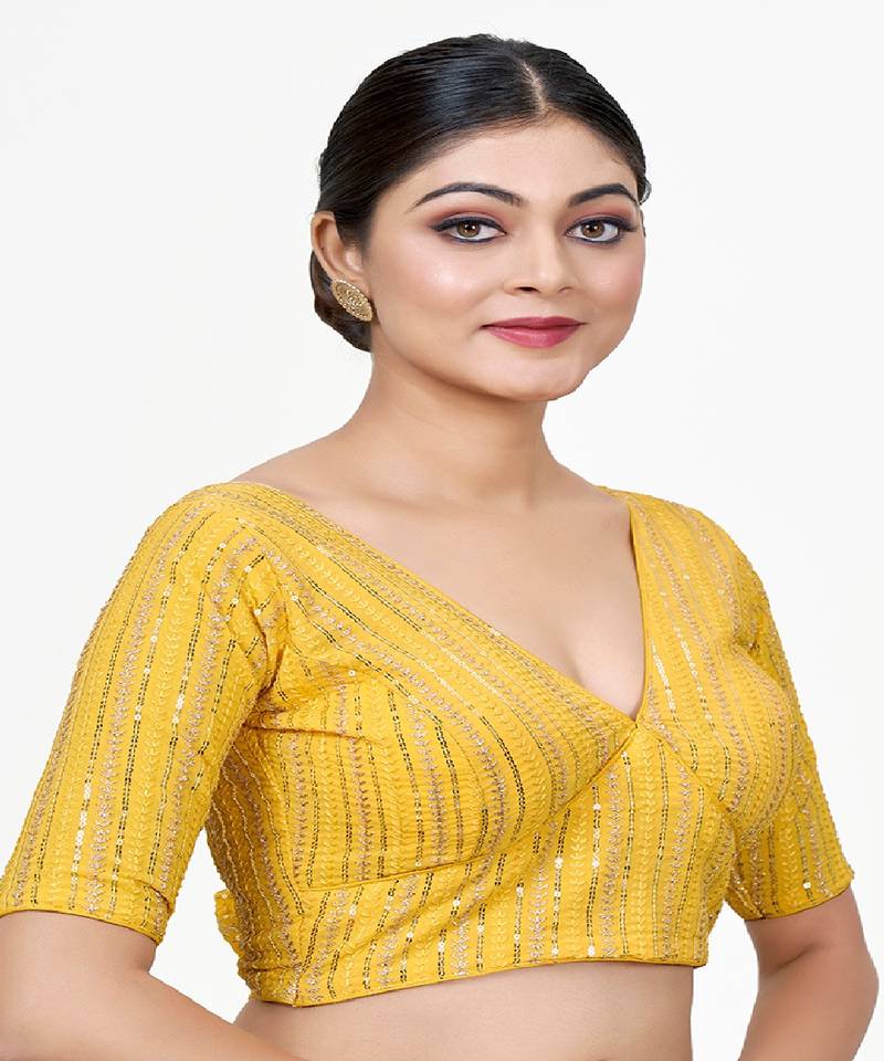 Yellow Embroidered Georgette Sequinced  Saree Blouse