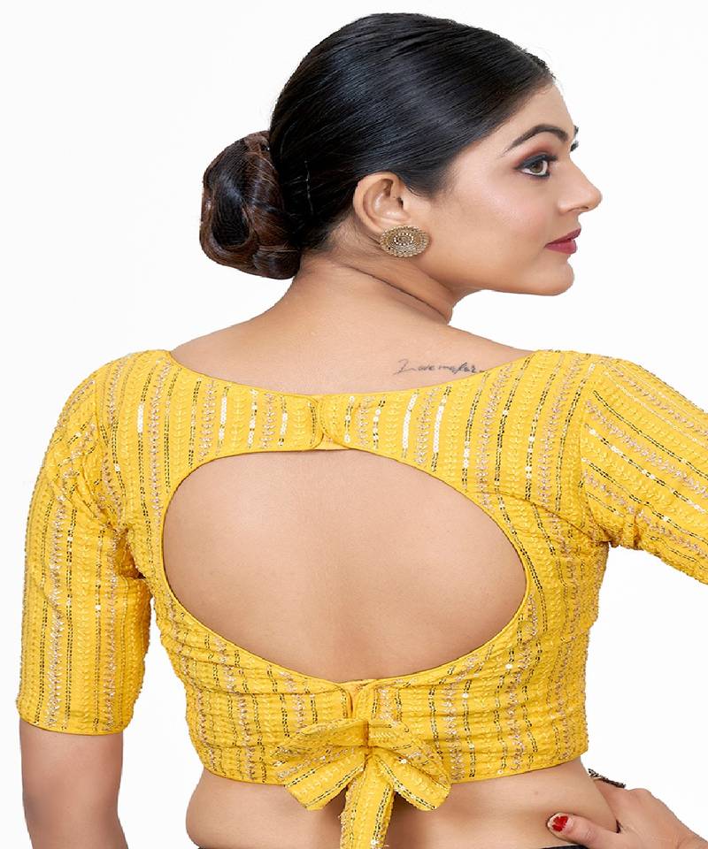 Yellow Embroidered Georgette Sequinced  Saree Blouse