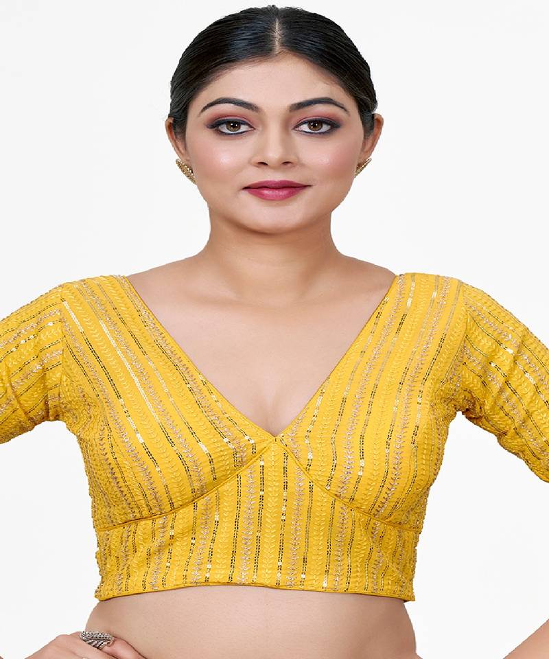 Yellow Embroidered Georgette Sequinced  Saree Blouse