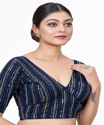 Navy Blue Embroidered Georgette Sequinced  Saree Blouse 1