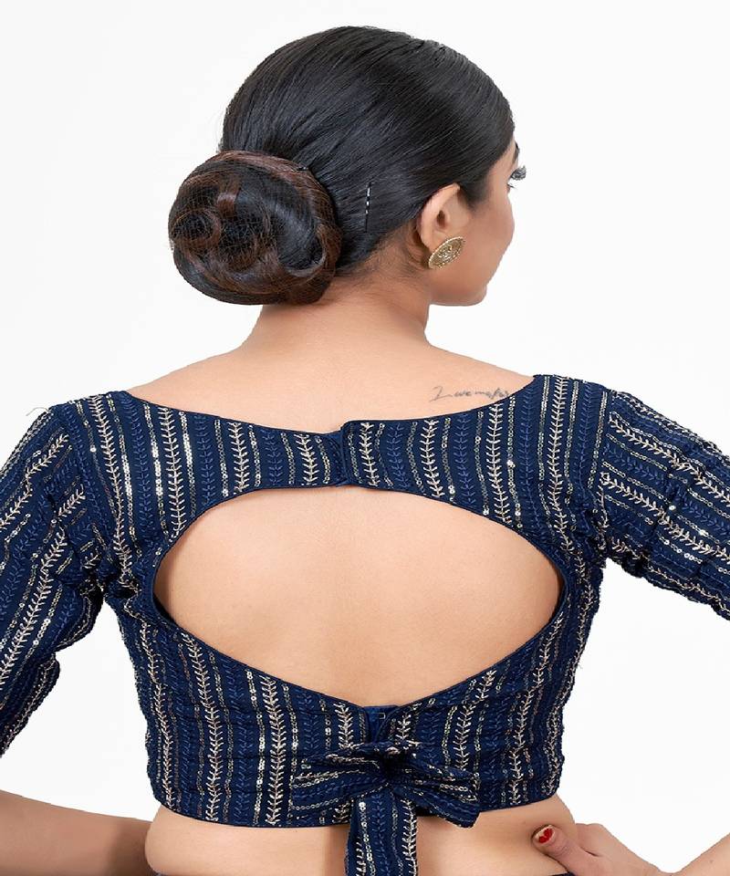 Navy Blue Embroidered Georgette Sequinced  Saree Blouse