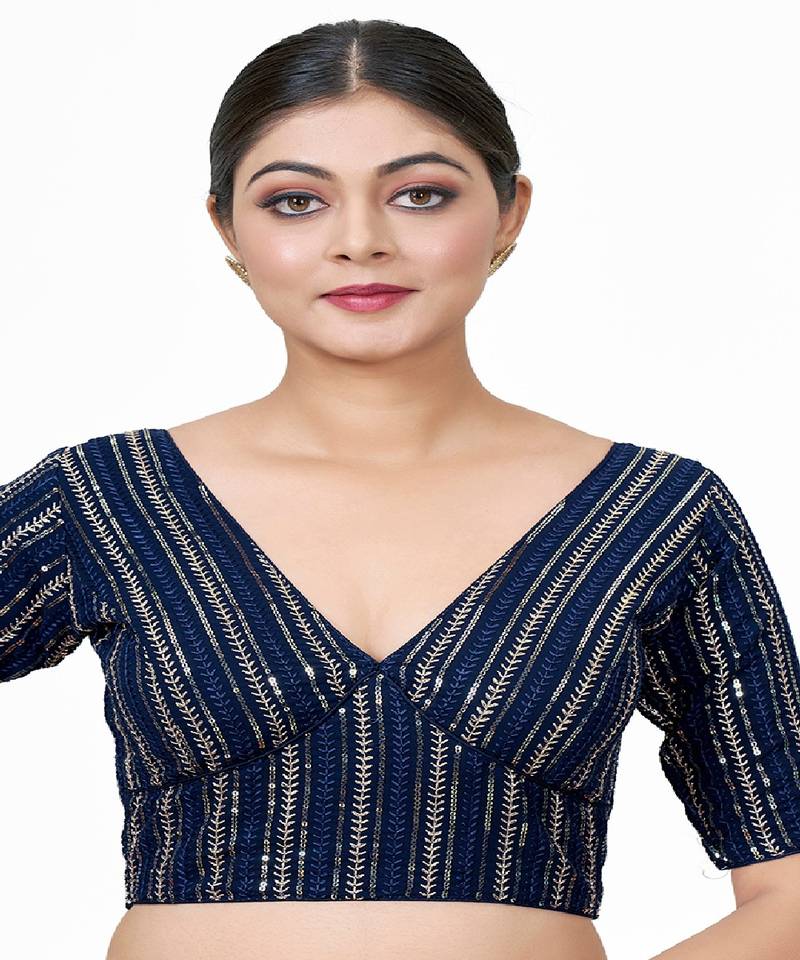 Navy Blue Embroidered Georgette Sequinced  Saree Blouse