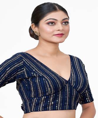 Navy Blue Embroidered Georgette Sequinced  Saree Blouse 4