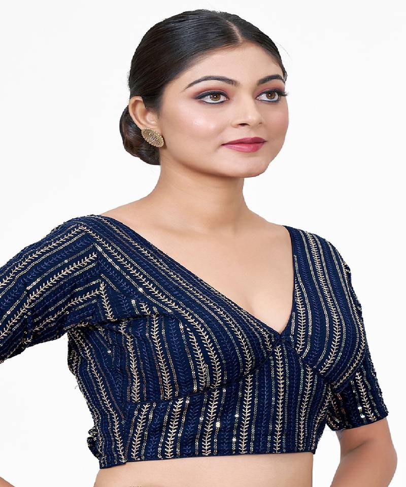 Navy Blue Embroidered Georgette Sequinced  Saree Blouse
