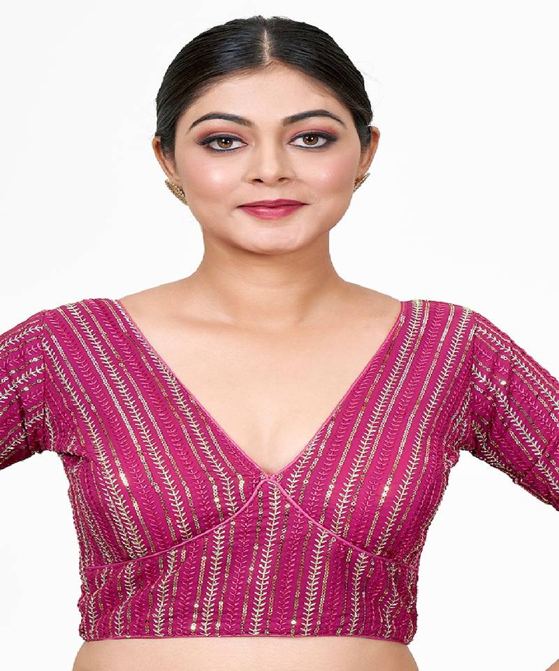 Pink Embroidered Georgette Sequinced  Saree Blouse