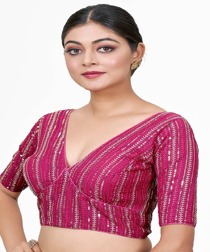 Pink Embroidered Georgette Sequinced  Saree Blouse