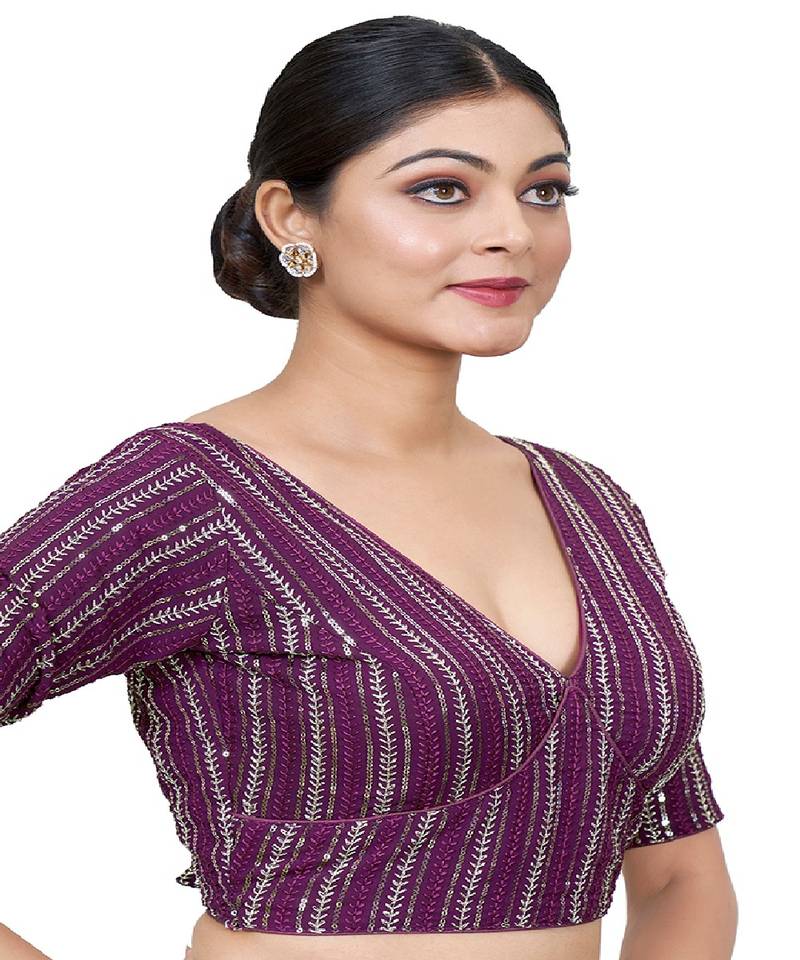 Purple Embroidered Georgette Sequinced  Saree Blouse