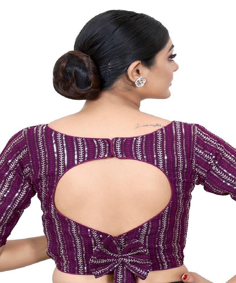 Purple Embroidered Georgette Sequinced  Saree Blouse