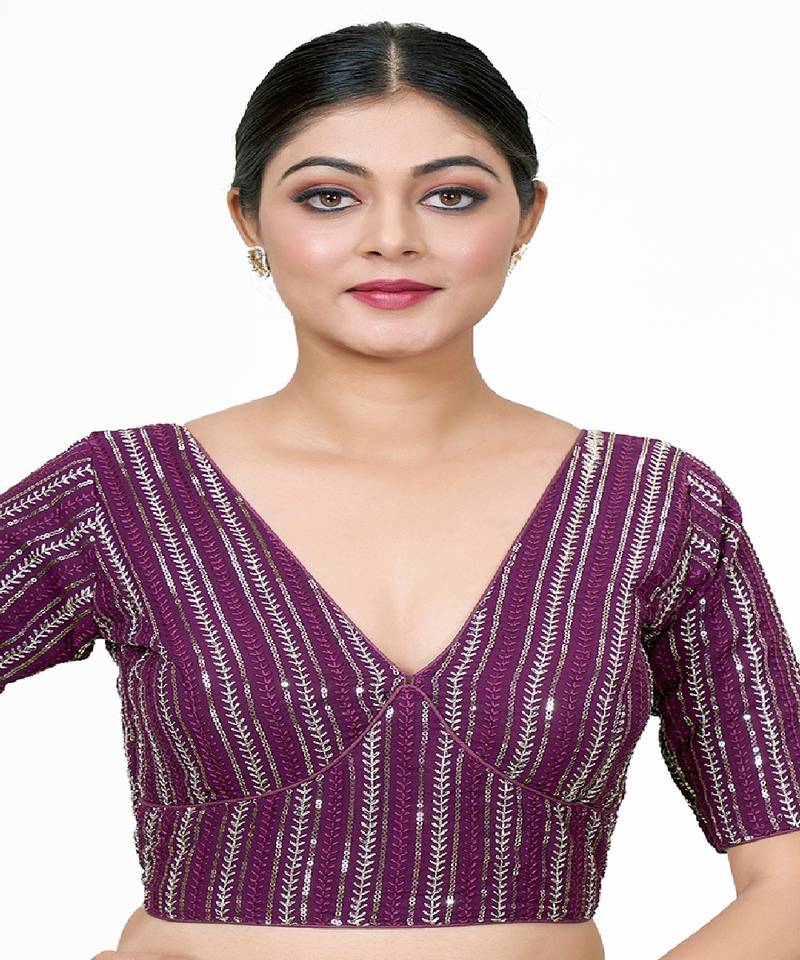 Purple Embroidered Georgette Sequinced  Saree Blouse