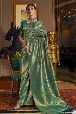 Green Kandini Golden Zari Woven Kanjivaram Saree With Blouse 1