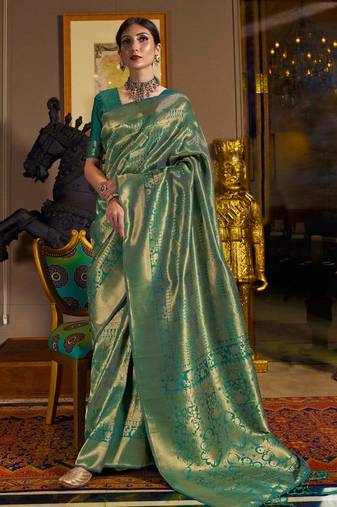 Green Kandini Golden Zari Woven Kanjivaram Saree With Blouse