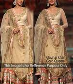 Gauhar Khan GOLD QUEEN Beige & Red Bollywood Style Lehenga Saree