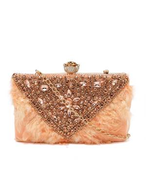 Anekaant feather coral & gold stone work embellished velvet box clutch 3