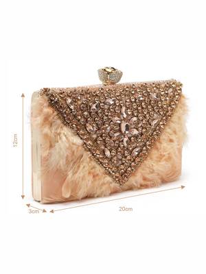 Anekaant feather coral & gold stone work embellished velvet box clutch 4