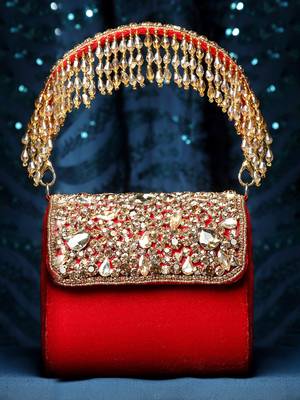 coffer red & gold stone work embellished velvet purse clutch 1