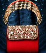 coffer red & gold stone work embellished velvet purse clutch