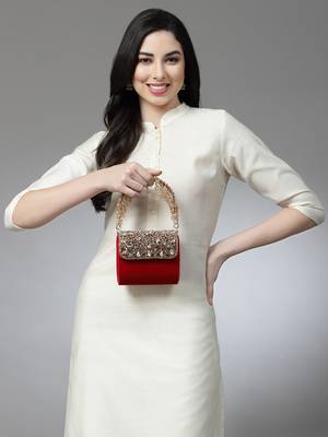 coffer red & gold stone work embellished velvet purse clutch 2
