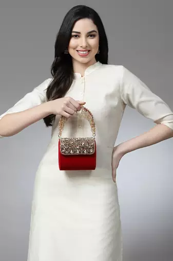 coffer red & gold stone work embellished velvet purse clutch