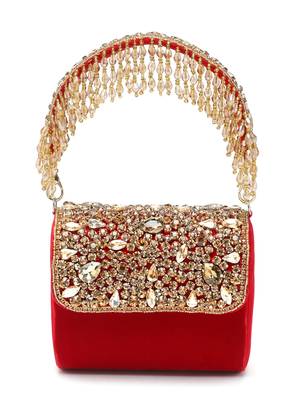 coffer red & gold stone work embellished velvet purse clutch 3