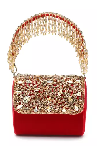 coffer red & gold stone work embellished velvet purse clutch
