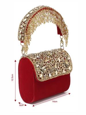 coffer red & gold stone work embellished velvet purse clutch 4