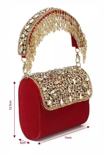 coffer red & gold stone work embellished velvet purse clutch