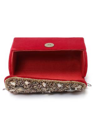 coffer red & gold stone work embellished velvet purse clutch 5