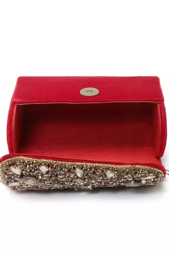 coffer red & gold stone work embellished velvet purse clutch