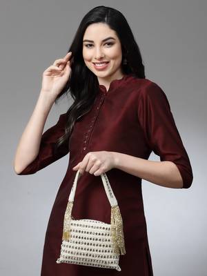 Anekaant dangle off white & gold stone work embellished faux silk purse clutch 1
