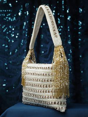 Anekaant dangle off white & gold stone work embellished faux silk purse clutch 2