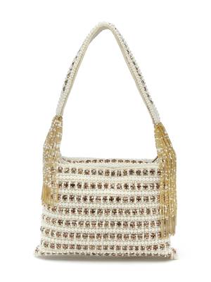 Anekaant dangle off white & gold stone work embellished faux silk purse clutch 3