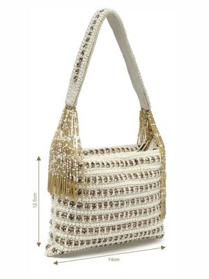 Anekaant dangle off white & gold stone work embellished faux silk purse clutch 4