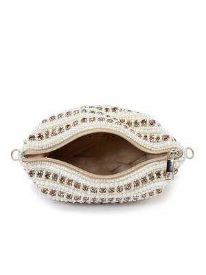 Anekaant dangle off white & gold stone work embellished faux silk purse clutch 5