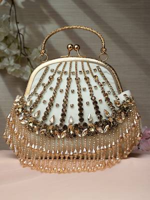 Anekaant dangle pastel green & gold stone work embellished velvet purse clutch 2