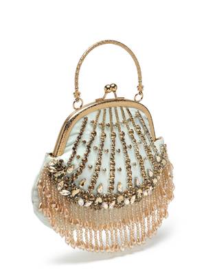 Anekaant dangle pastel green & gold stone work embellished velvet purse clutch 4